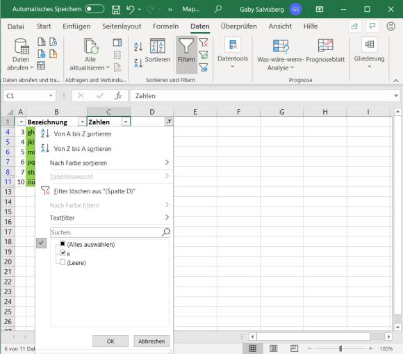 Filteroption in der Tabelle