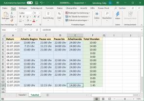 Excel-Tabelle mit Beispiel-Arbeitszeiten 