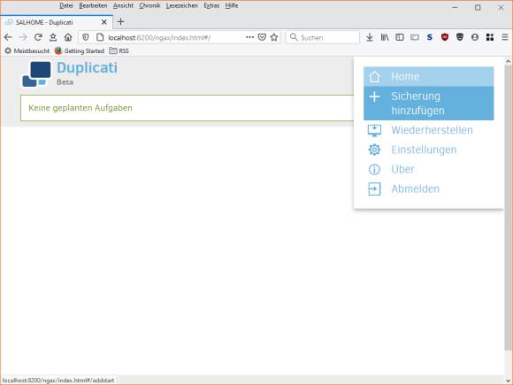 Das Duplicati-Hauptmenü befindet sich oben rechts