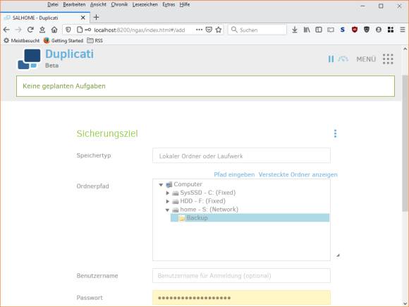 Geben Sie Duplicati Ihr Sicherungslaufwerk bekannt