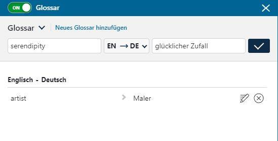 Sie können auch eigene Übersetzungen respektive Begriffe definieren Glossar-Detailansicht, neues Glossar hinzufügen