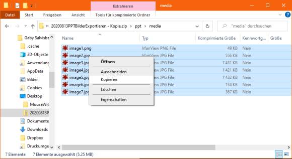 Kontextmenü in der Zip-Datei mit den Bildern