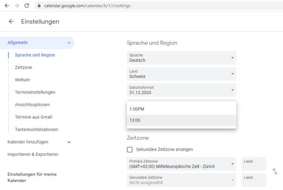 Kalendereinstellung bei Google