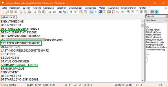 Ausschnitt aus der .ics-Datei