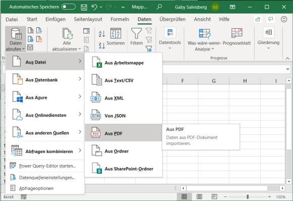 Menübefehl fürs Importieren von PDF-Daten in Excel