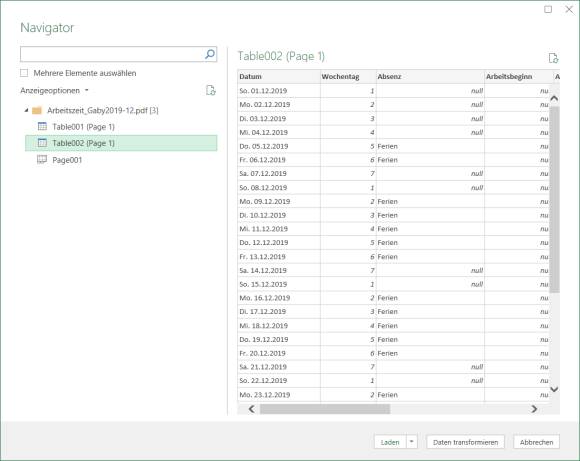 Der Navigator stellt die Inhalte der PDF-Datei in der Vorschau dar