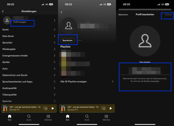 Drei Screenshots zeigen den Weg zur beschriebenen Spotify-Einstellung