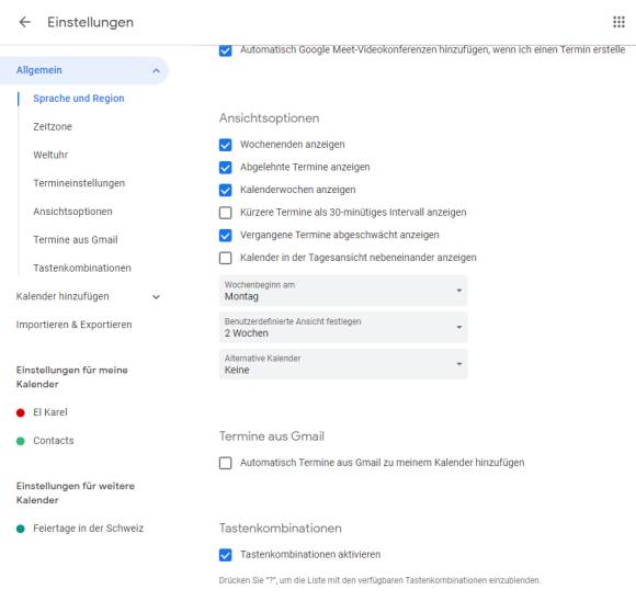 Die Google-Kalender-Einstellungen mit den Ansichtsoptionen