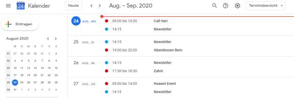 Die Terminübersicht im Google-Kalender