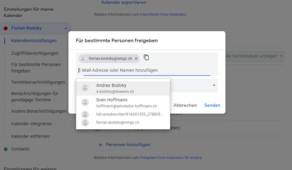 Auswahl der Personen, an die der Kalender freigegeben wird