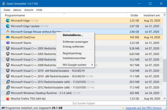 Programmfenster Geek Uninstaller mit Kontextmenü