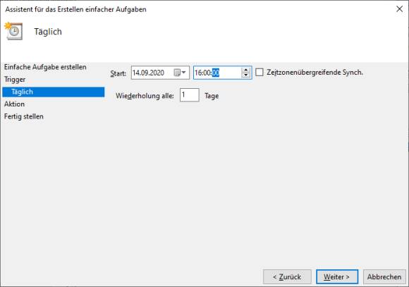Screenshot: Gewünschten Zeitpunkt festlegen