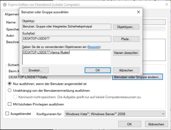 Screenshot: Aufgabe soll für Nutzer Hanna Muster laufen