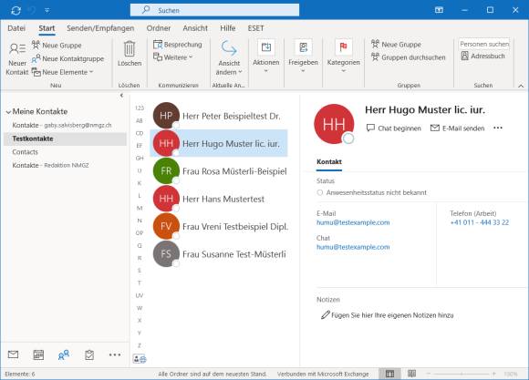 Screenshot: Outlook-Kontaktordner namens Testkontakte