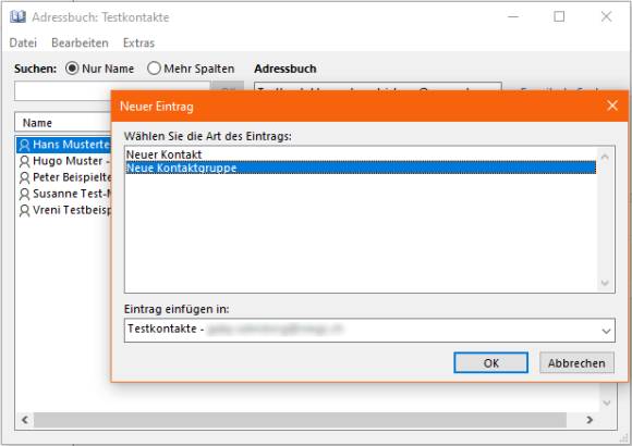 Outlook-Screenshot der Adressbuch-Bedienelemente