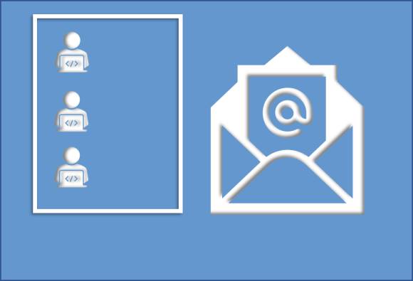 Blaue Fläche mit Personensymbolen und einem Mail-Icon 