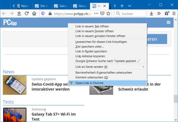 Screenshot Kontextmenü mit «Open in Chrome»-Befehl