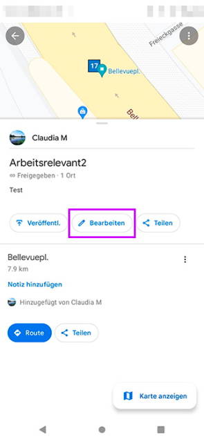 Maps auf dem Smartphone. Bearbeiten einer Liste