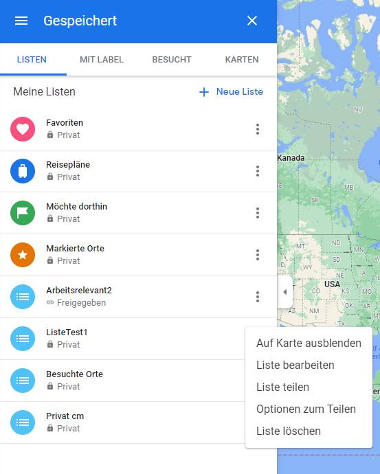 Private Liste in der Desktop-Browser-Version von Maps