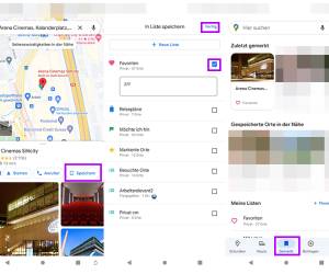Screenshots der Maps-App, die zeigen, wie man einen Ort speichert, in die Favoriten aufnimmt und die gemerkten Orte öffnet