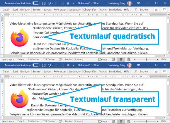 Textumfluss ums Firefox-Log in Word: mal eckig, mal rund