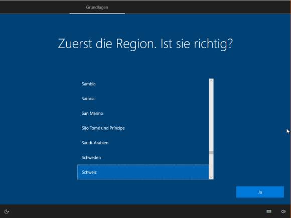 Ersteinrichtungs-Dialog: "Zuerst die Region. Ist sie richtig?" 