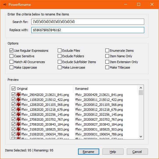 Ohne RegEx in PowerRename wäre das Umbenennen dieser 95 Files eine langweilige Plackerei Screenshot PowerRename mit Umbenennen-Kriterien