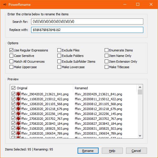 Screenshot PowerRename mit Umbenennen-Kriterien