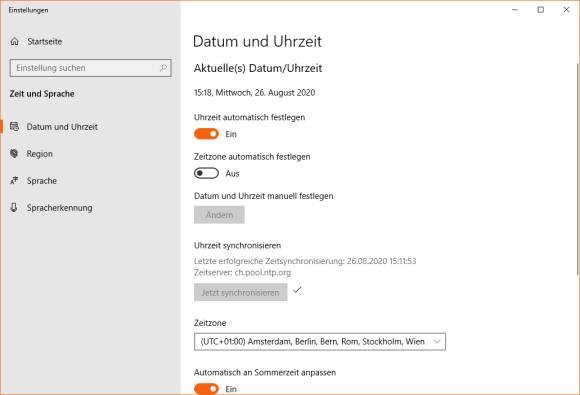 Screenshot Zeiteinstellung in Windows 10