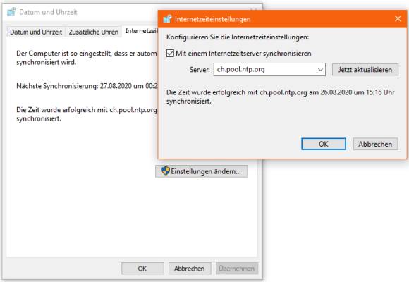 Screenshot Zeitserver-Einstellung in Windows 10