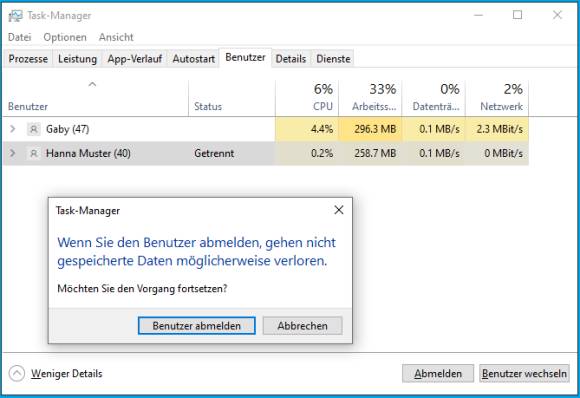 Screenshot Benutzer wird im Task-Manager abgemeldet