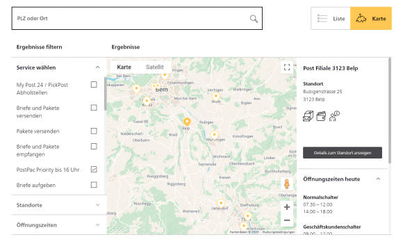 Kartenausschnitt mit Dienstleistungen der Post