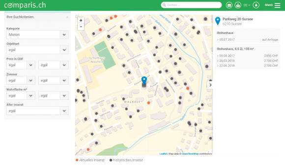 Comparis.ch zeigt Kartenausschnitt mit Mietpreisen