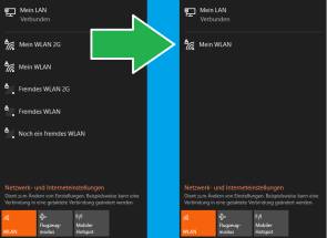 WLAN-Popup vorher (mehere fremde WLANs) und nachher (nur noch das eigene WLAN) 