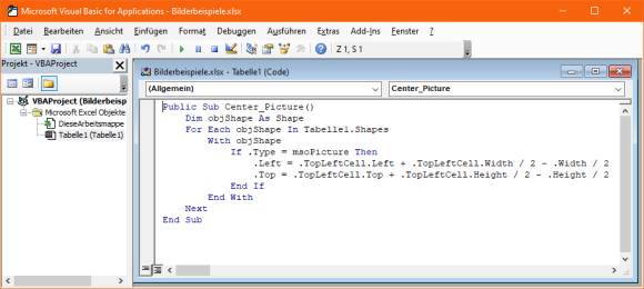 Screenshot VBA-Editor in Excel mit dem Code