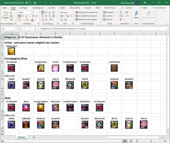 Screenshot Excel mit in den Zellen zentrierten Bildern