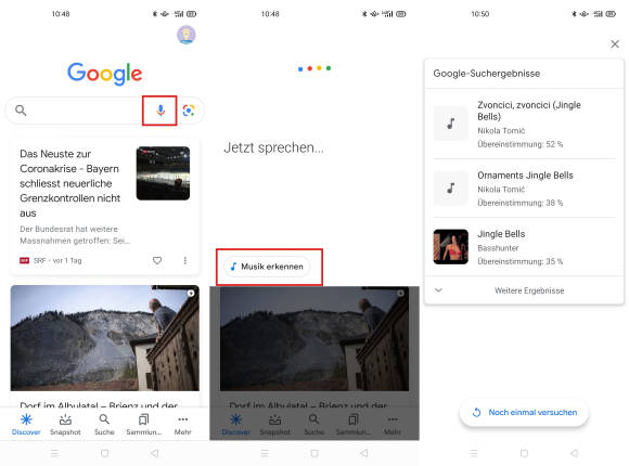 Drei Screenshots zeigen den Weg zur Song-Erkennung 