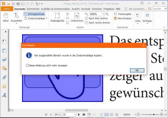 Screenshot mit violettem PDF-Bereich und Bestätigungsmeldung