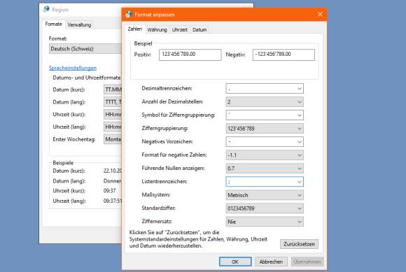 Screenshot Zahlenformat-Einstellungen 