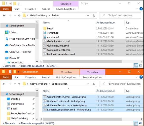 Screenshots Explorerfenster mit Script-Dateien und Verknüpfunen