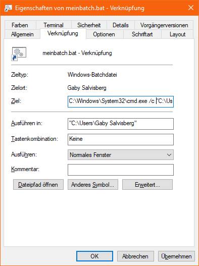 Fügen Sie die Zeichenfolge C:\Windows\System32\cmd.exe /c am Anfang des «Ziel»-Feldes ein
