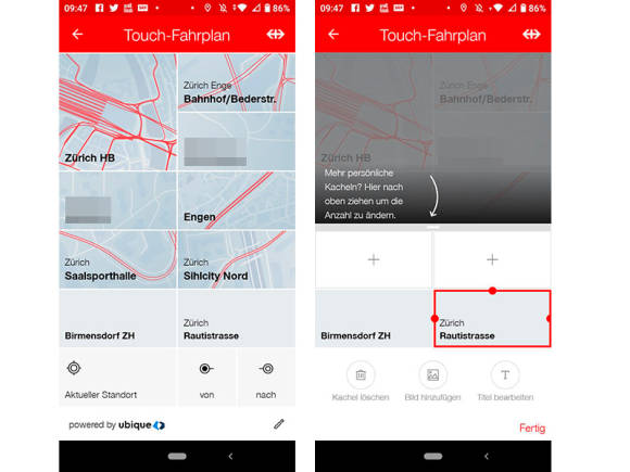 Zwei Screenshots des SBB-Mobile-Touchfahrplans auf einem Smartphone 