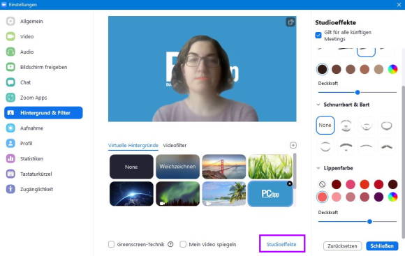 Studioeffekte in Zoom inkl. Lippenfarbe oder Schnurrbart