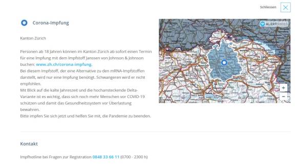 Screenshot Alertswiss: COVID-19-Infos des Kantons Zürich