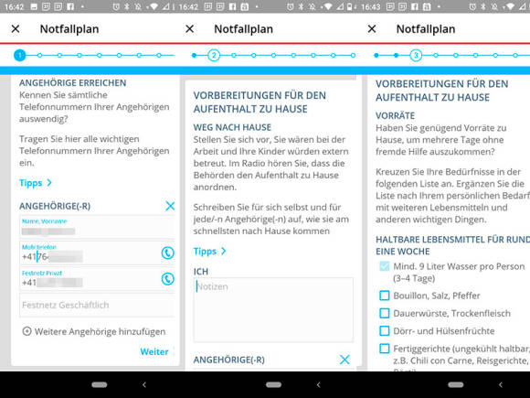 Screenshots Alertswiss-App: Notfallplan