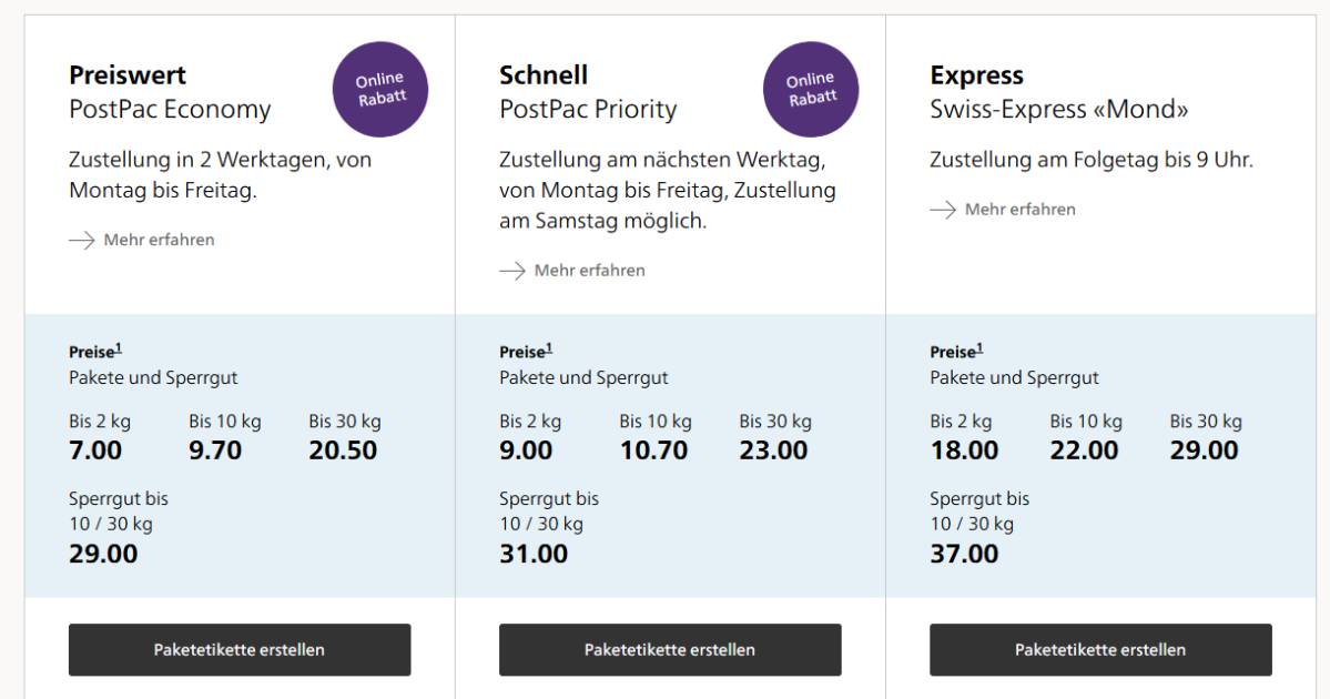 sperrgut post schweiz preise
