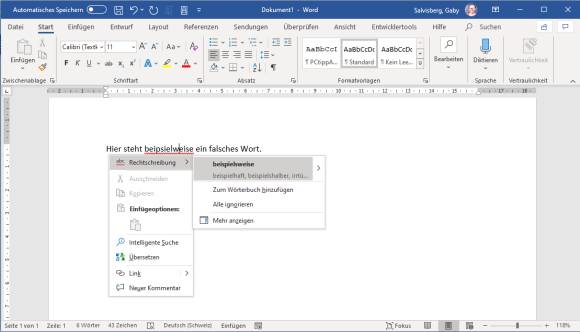 Screenshot Rechtschreibung-Kontextmenü 