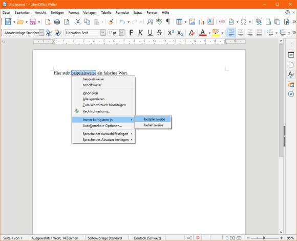 Screenshot Rechtschreibung-Kontextmenü LibreOffice Writer