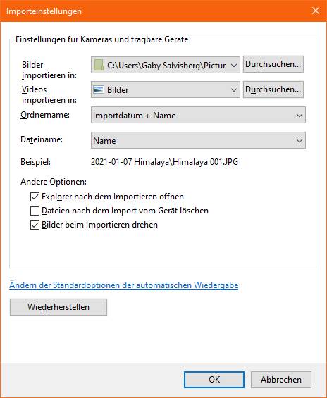 Prüfen Sie die Importeinstellungen; passen Sie beispielsweise den Zielordner an Screeshot der Importeinstellungen