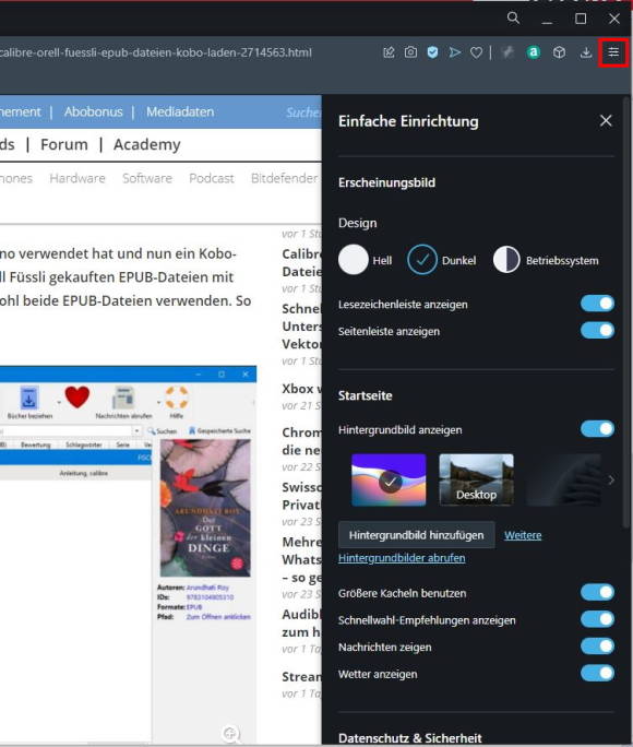 Screenshot Opera-Einrichtung